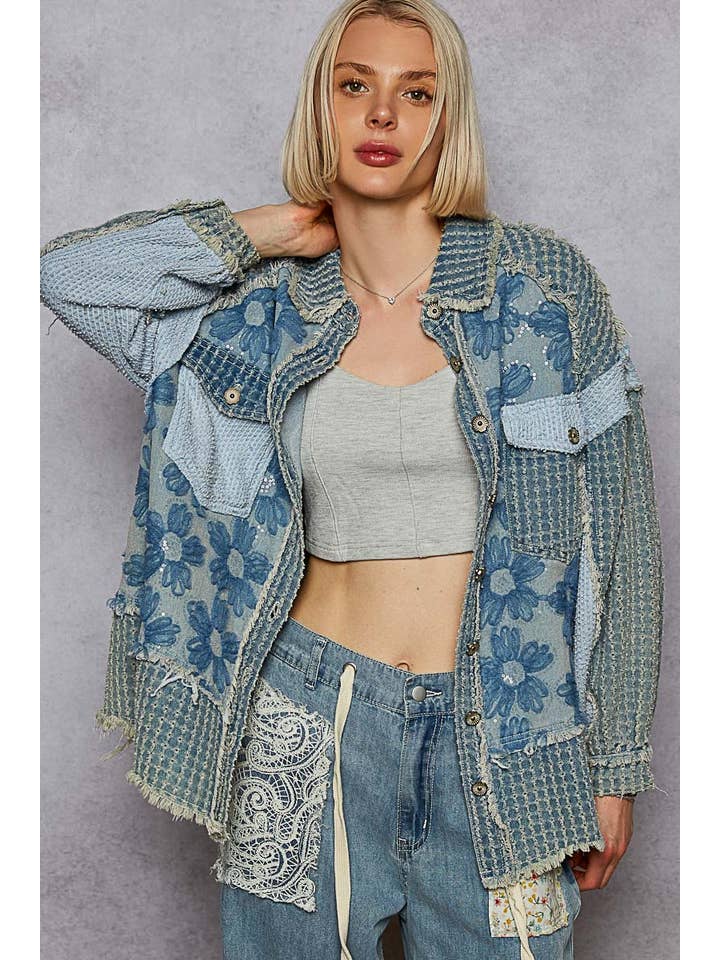 Pol Clothing - Wholesale Denim Jacket - Women's - Vintage washed floral embroidered patches jacket