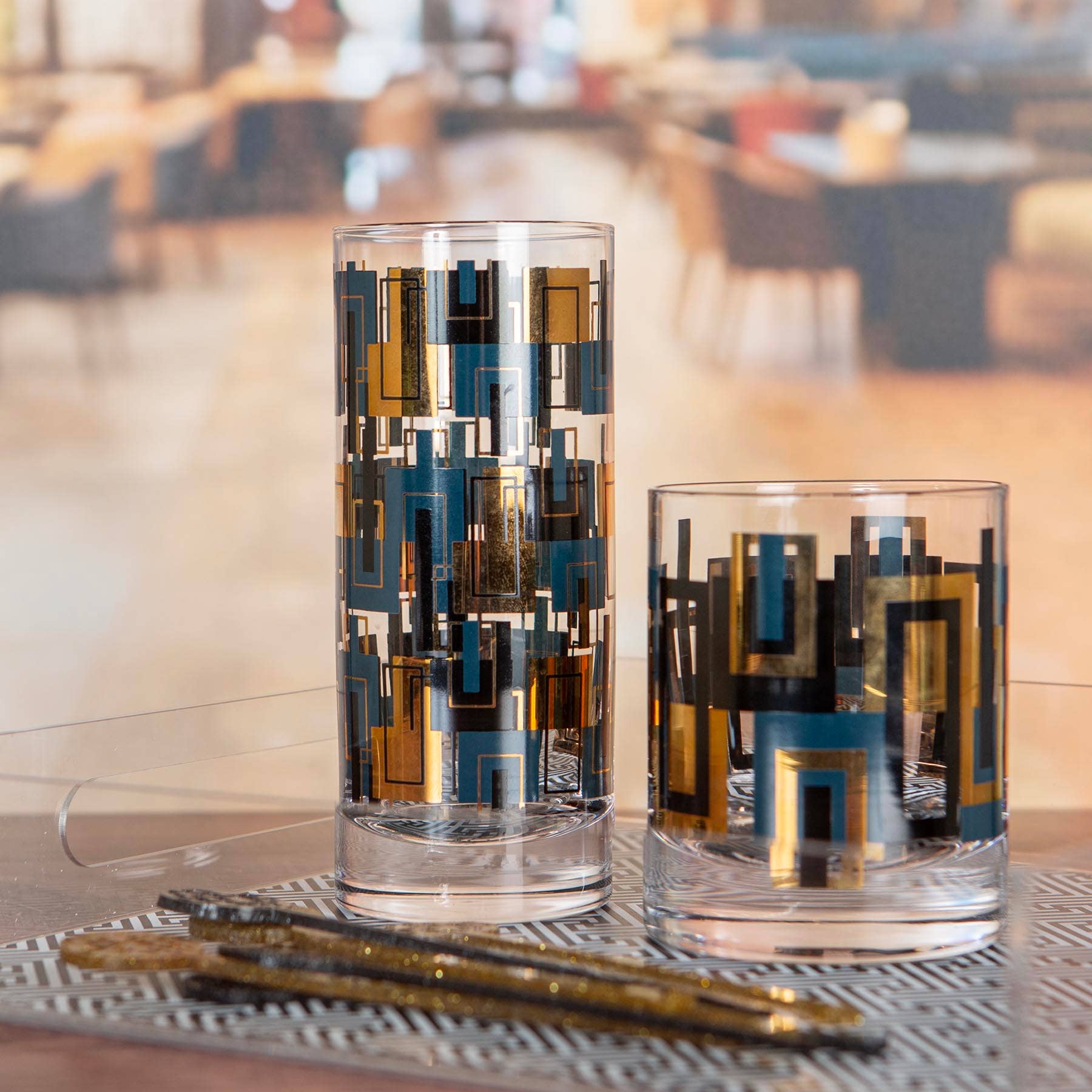 Mod Lounge Paper Company - Wholesale Cocktail/Liquor Glass - Blue and Gold Mid Century Highball Vintage Cocktail Glass2