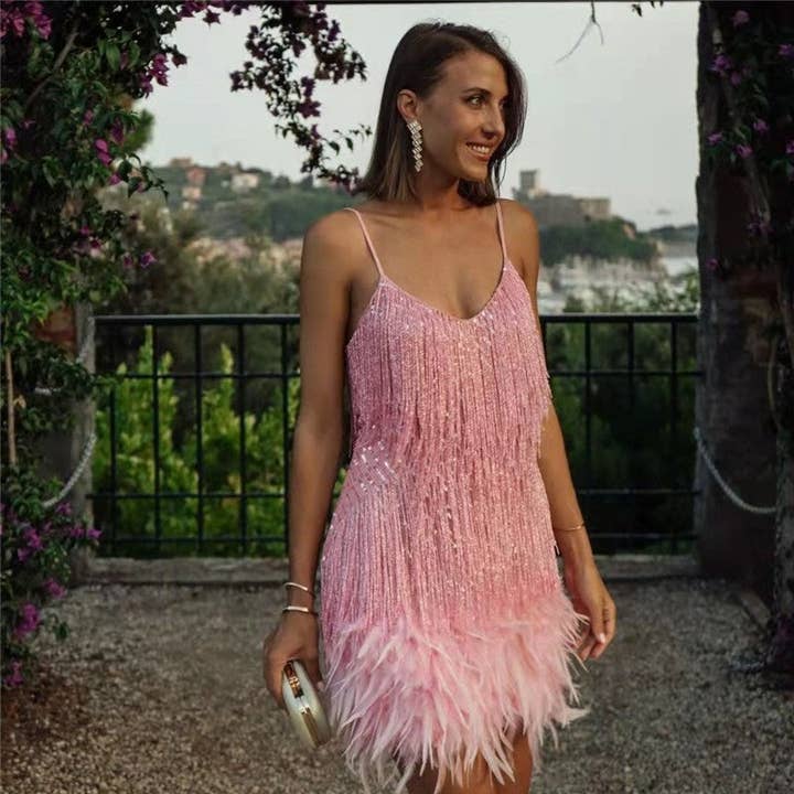 UZ Wholesale Store - Wholesale Dress - Women's - Sequin Feather Fringe Tassel Mini Dress