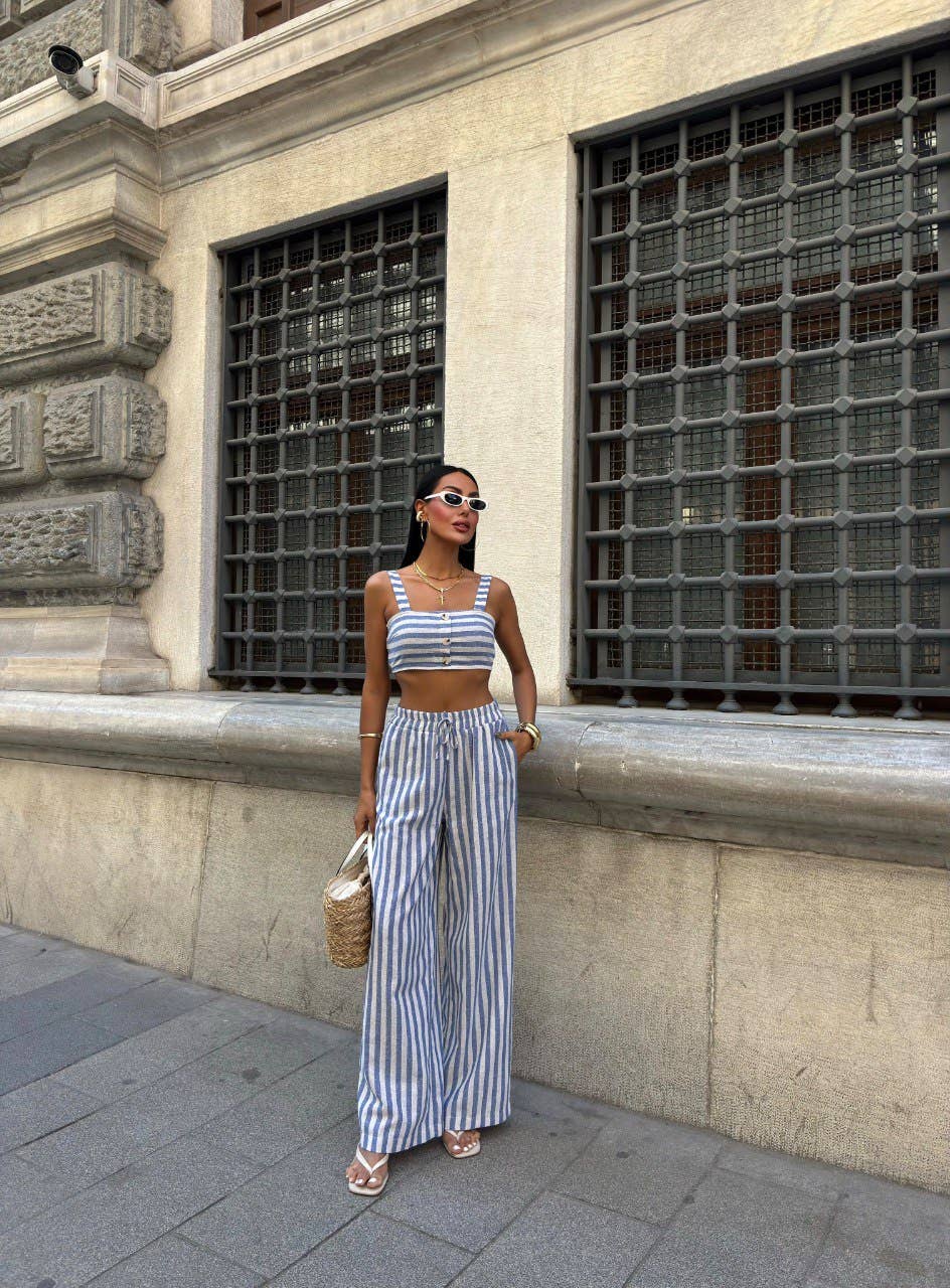 Design company-Fatma Balkir - Vendita all'ingrosso Completo top e pantaloni (NON loungewear) - Donna - Completo in lino - top corto a righe e pantaloni ampi12