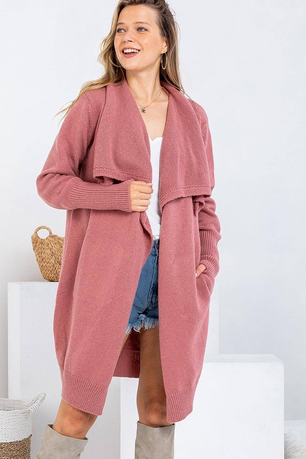 Sweet Lovely by Jen – Engroshandel Cardigan - Dame – BLØD STRIKTRØJE MED ÅBEN FRONT LANG CARDIGAN46