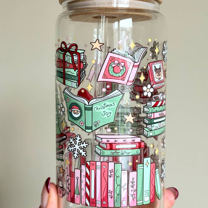 the cute cloud – wholesale Drinking glass/cup – Magical Christmas Books Double Sided Glass Cup + Lid & Straw3