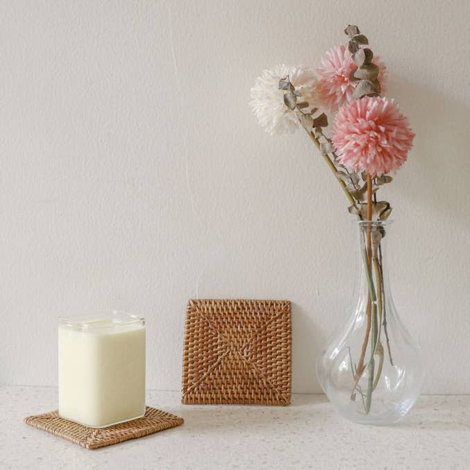 Bali Harvest - Wholesale Coasters - Square Rattan Coaster - Brown Boho Straw Raffia Wicker Drink1