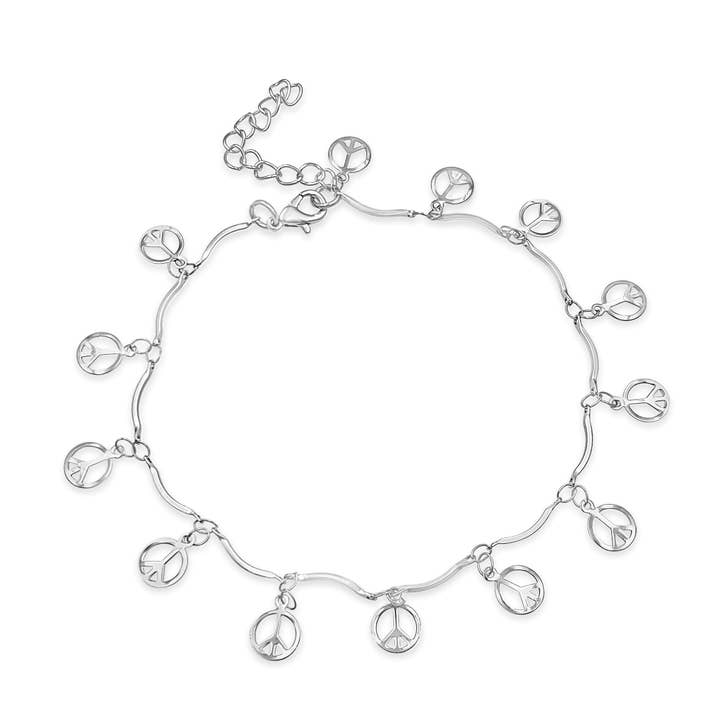 Tobillera de cadena artesanal plateada con diseño de signo de la paz con extensión para venta al por mayor de BESHEEK JEWELRY