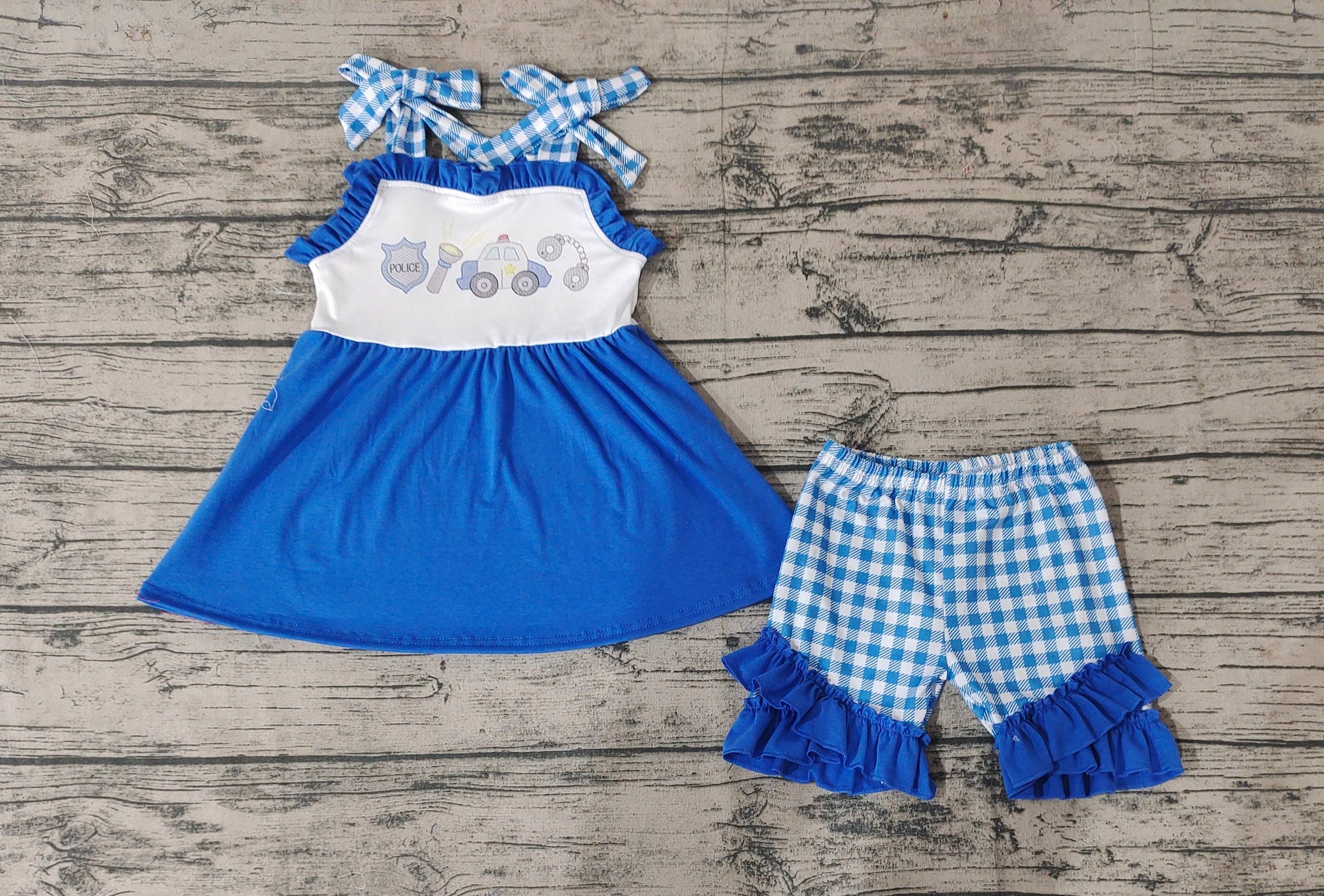 Aier Wholesale - Wholesale Top & Short Set - Kids - Baby Girls Police Blue Straps Tunic Ruffle Shorts Outfits Clothes Sets1