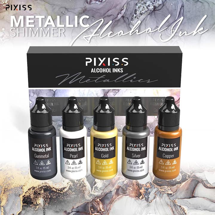 Pixiss – wholesale Craft supplies – PIXISS Metallic Alcohol Inks Set of 5 - Shimmering Colors