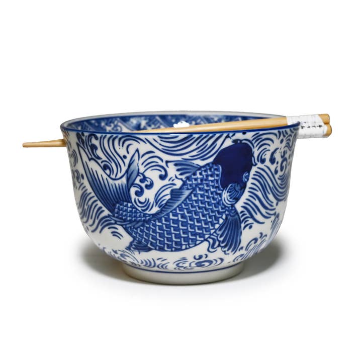 MIRA 6" BOWL WITH CHOPSTICKS – BLUE KOI FISH WAVES for wholesale by Fuji Merchandise Corporation