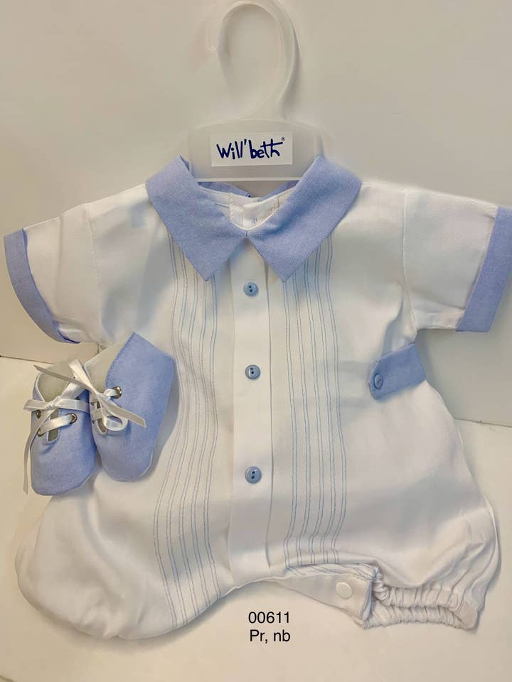 00611 White Blue Baby Boy Romper for wholesale by Will'beth