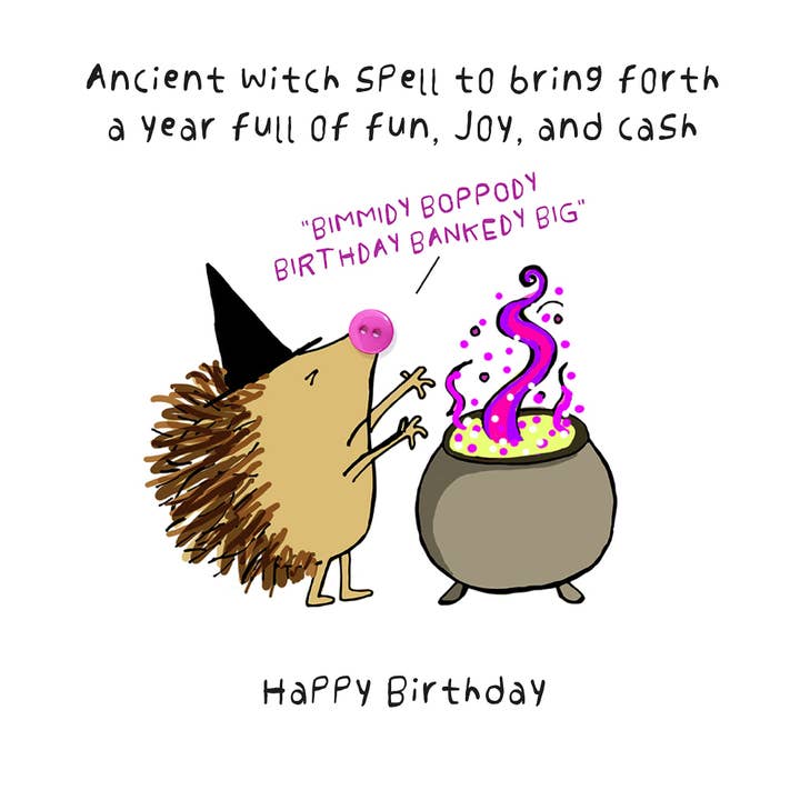 FEITIÇO DE BRUXA, ANIVERSÁRIO, ENGRAÇADO, DINHEIRO, BOTÃO DE RETROSARIA por atacado de The Spare Button Card Range