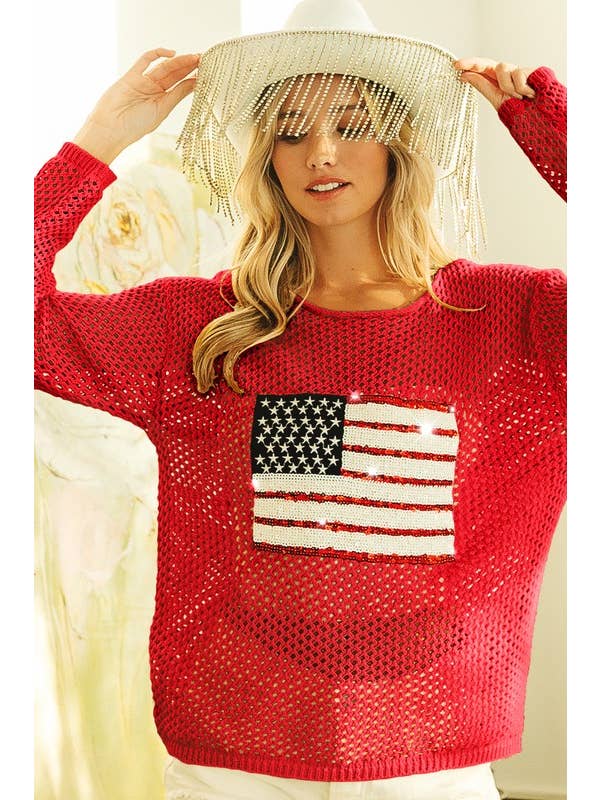 Vanilla Monkey - Wholesale Swim Cover Up - Women's - Sequin American Flag Patch Open Knit Cover Up