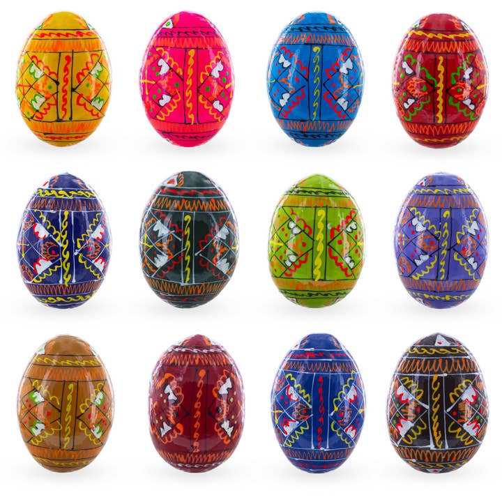 BestPysanky - Wholesale Decorative Tabletop Object - Set of 12 Handcrafted Geometric Ukrainian Pysanky Wooden Easter Eggs 2.5 Inches