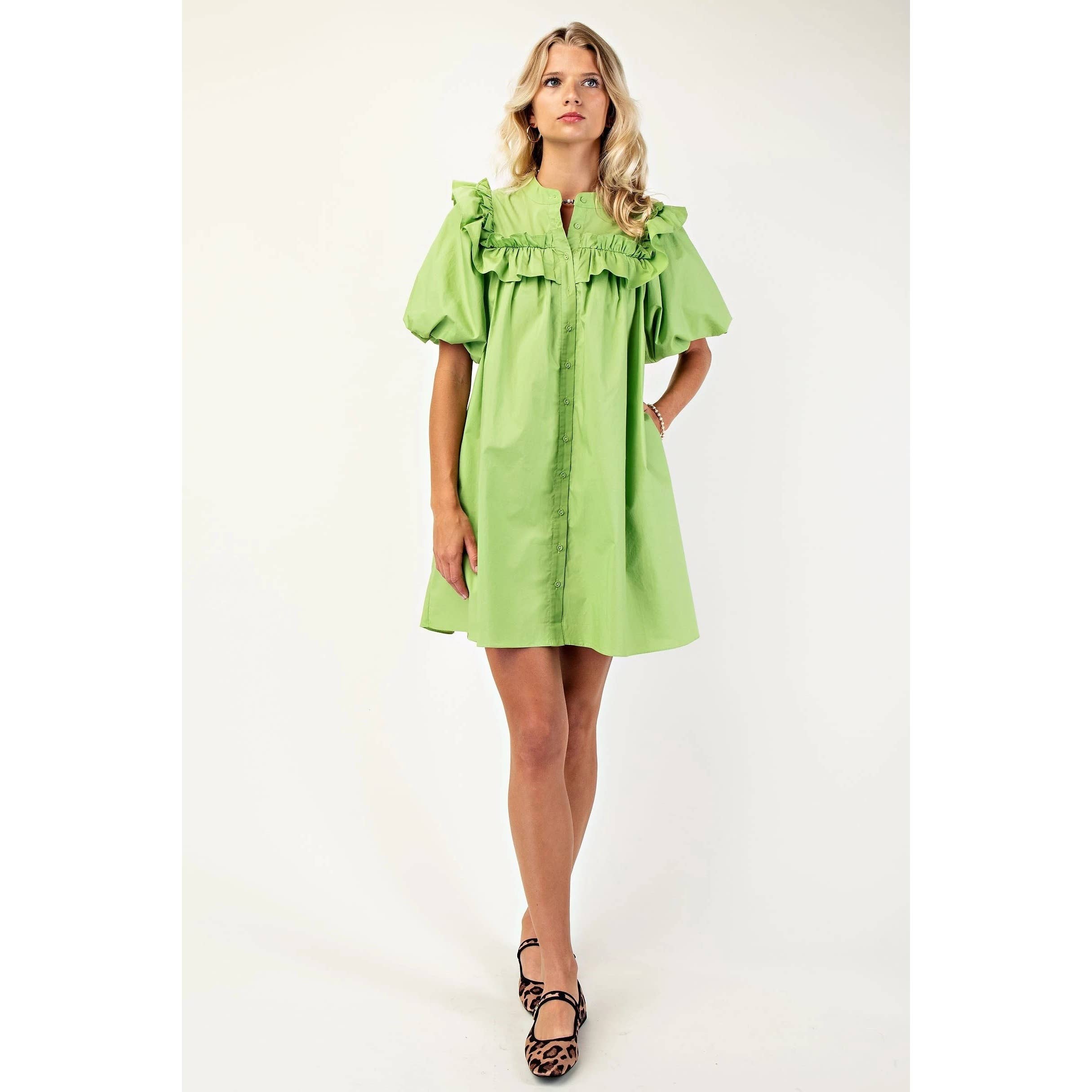 BNS - Wholesale Dress - Women's - Puff Sleeve Mini Dress w_Mandarin Collar n Ruffle3