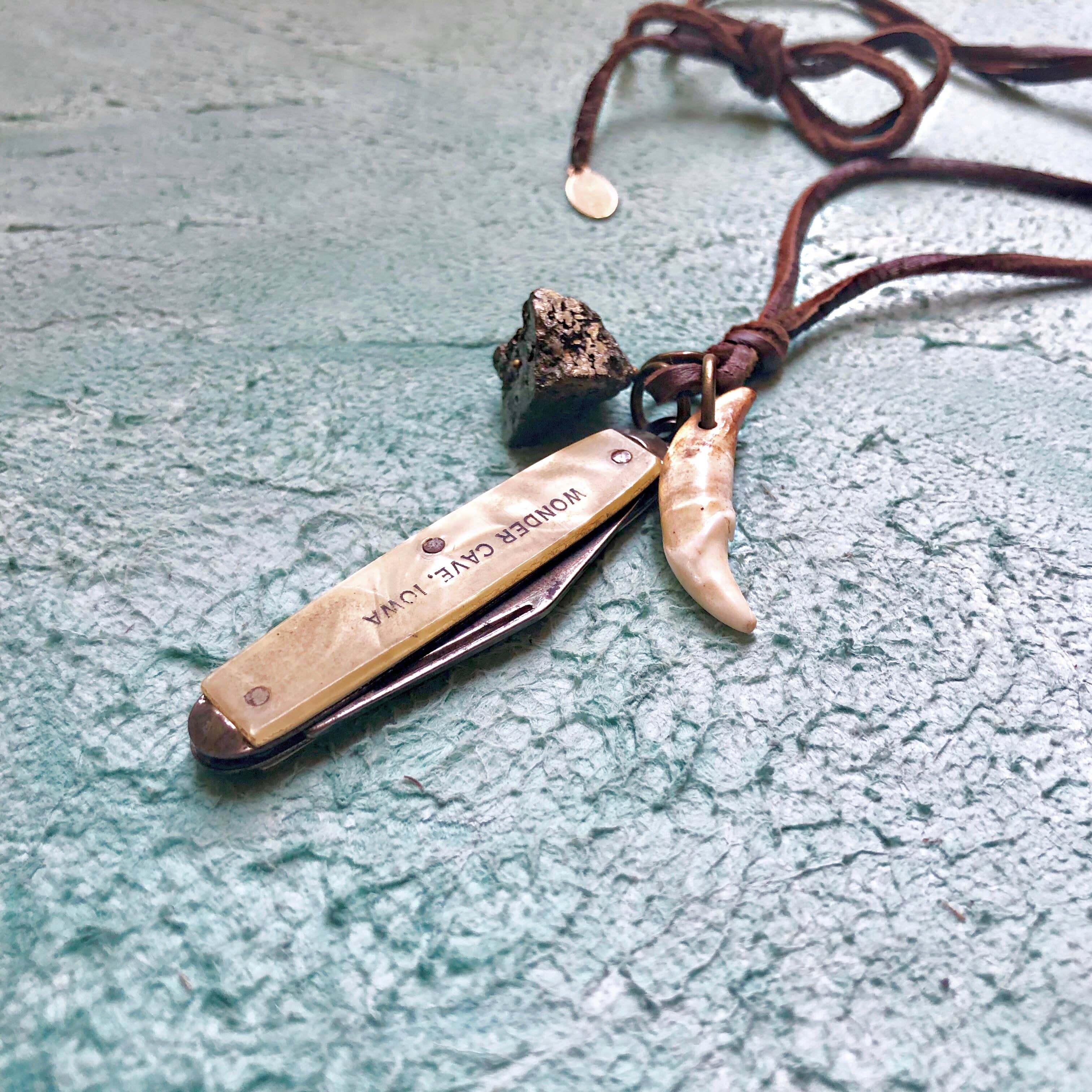 ASTALI - Wholesale Pendant/Charm Necklace - Vintage Pocket Knife & Coyote Tooth Necklace, Pyrite, Real5