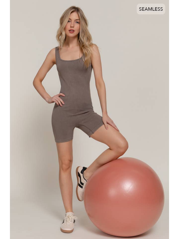 Active Basic | Active USA - Wholesale Romper - Women's - Sleeveless Double Scoop Neck Stone Wash Seamless Romper4