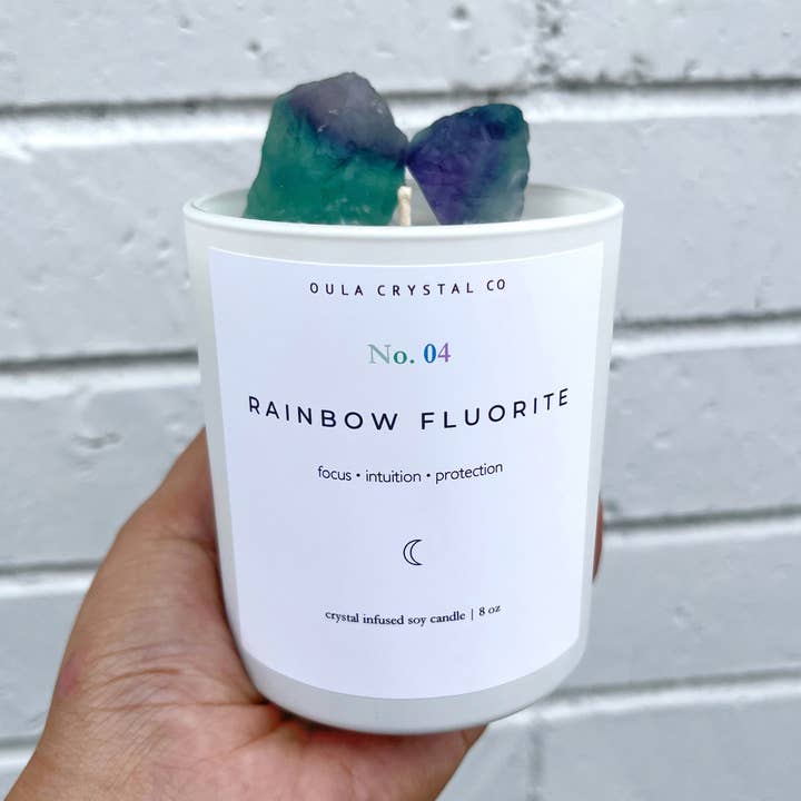 Rainbow Fluorite Candle · Crystal Infused · 8oz · Wholesale for wholesale by OULA CRYSTAL CO