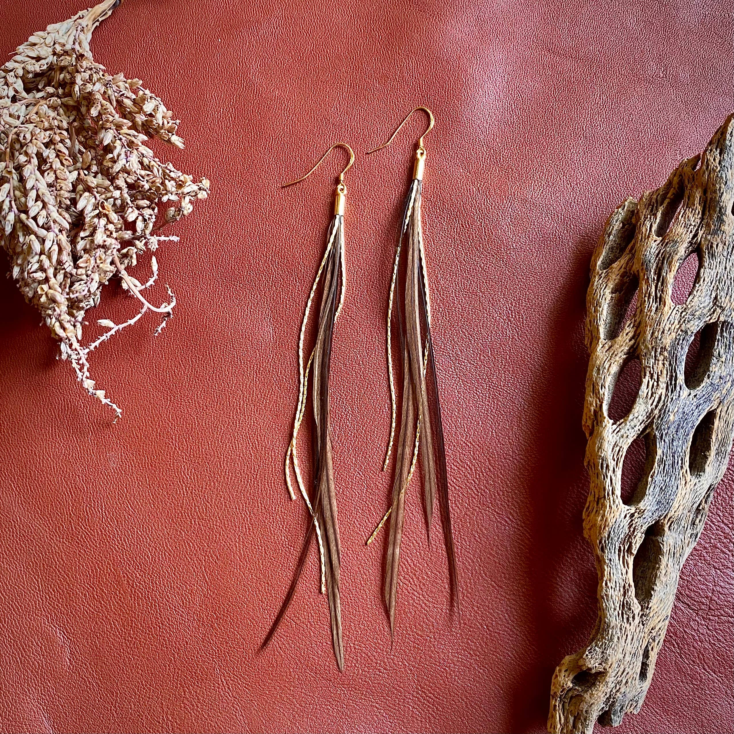 ASTALI - Wholesale Tassel Earrings - Mini Feather Earrings - Taupe/Gold, Boho Western Earrings