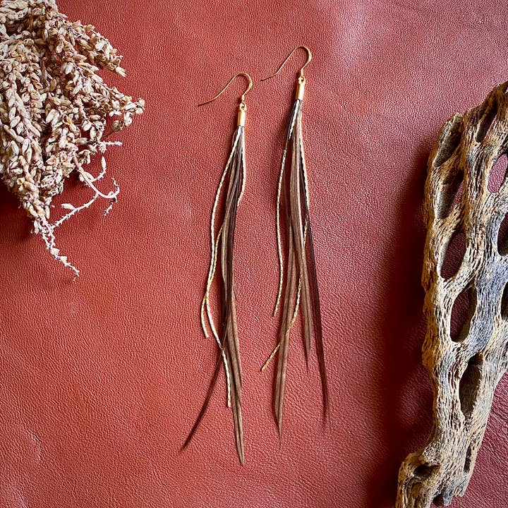 ASTALI - Wholesale Tassel Earrings - Mini Feather Earrings - Taupe/Gold, Boho Western Earrings