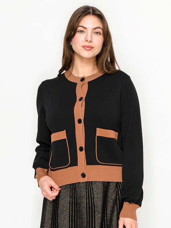 Cardigan nero con bordi a contrasto e tasche frontali per la vendita all'ingrosso da parte di Yal New York