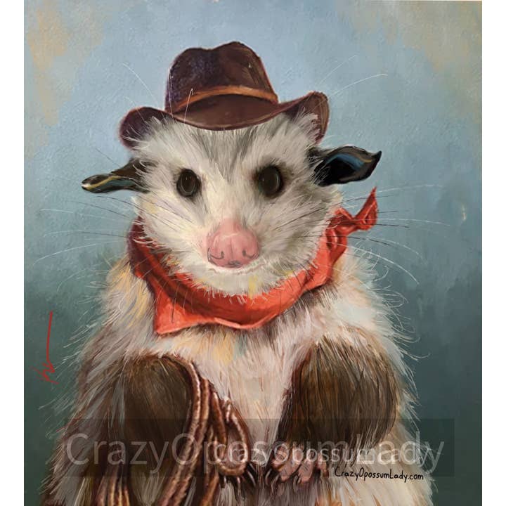 The Crazy Opossum Lady - Wholesale Art Print - Print : X Never Marks The Spot Indiana Jones Cowboy Opossum