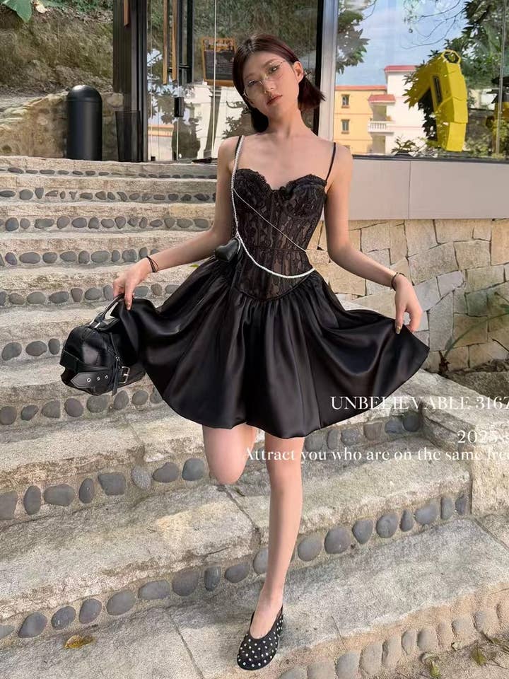 Chilli Girl Collection - Wholesale Dress - Women's - Camisole style corset bubble lace dress in black 0