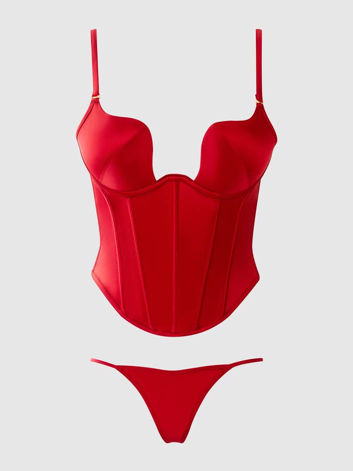 CRIMSON RED BRIGETA SATIN PLUNGE PUSH UP BUSTIER & G-STRING SET for wholesale on Faire