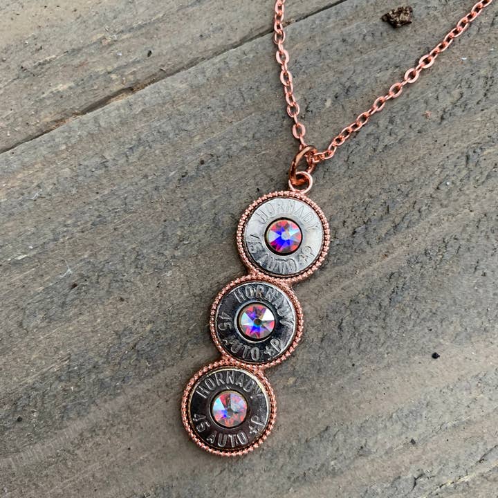 Jill's Jewels - Wholesale Pendant/Charm Necklace - Rose gold triple 45 Auto Bullet Necklace