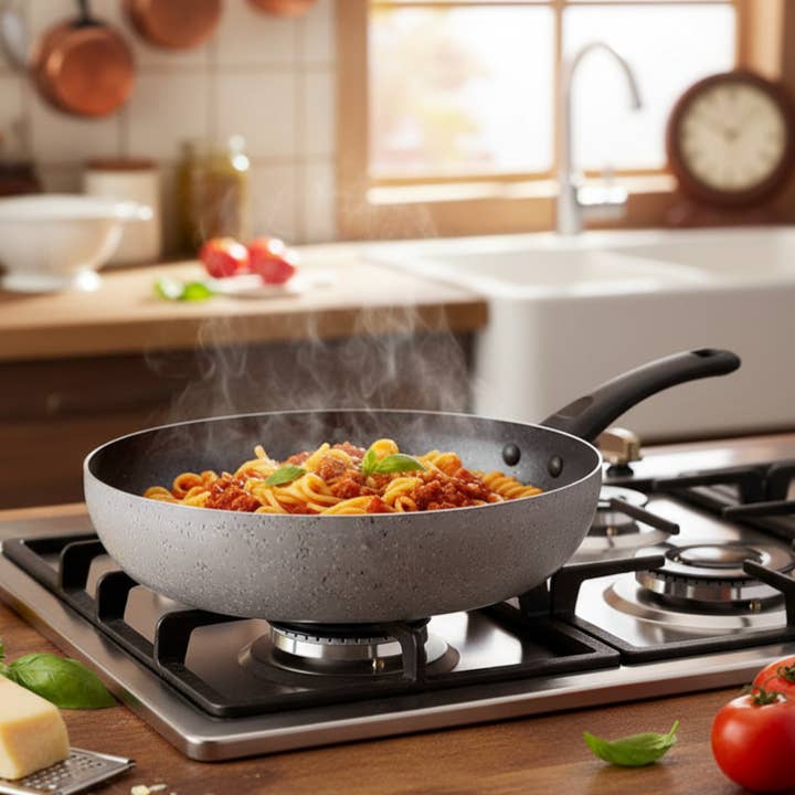 Saltapasta antiaderente maneggevole alluminio PFOA free antigraffio con un manico pratica cottura veloce made in italy per la vendita all'ingrosso da parte di Mamù Cookware