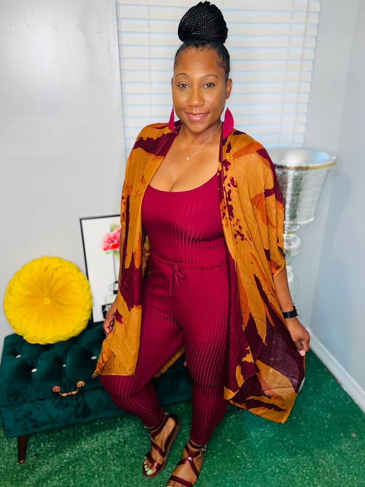 THE KIERRA KIMONO (RUST/BURGUNDY) for wholesale by Classy Diva Boutique LLC