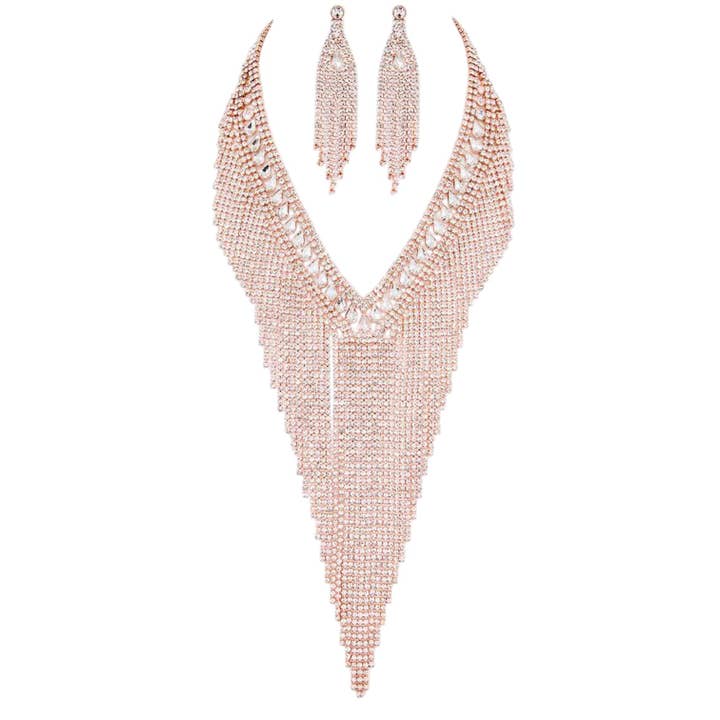 Rhinestone Statement Fringe Chain Necklace Set for wholesale by LA Jewelry Plaza
