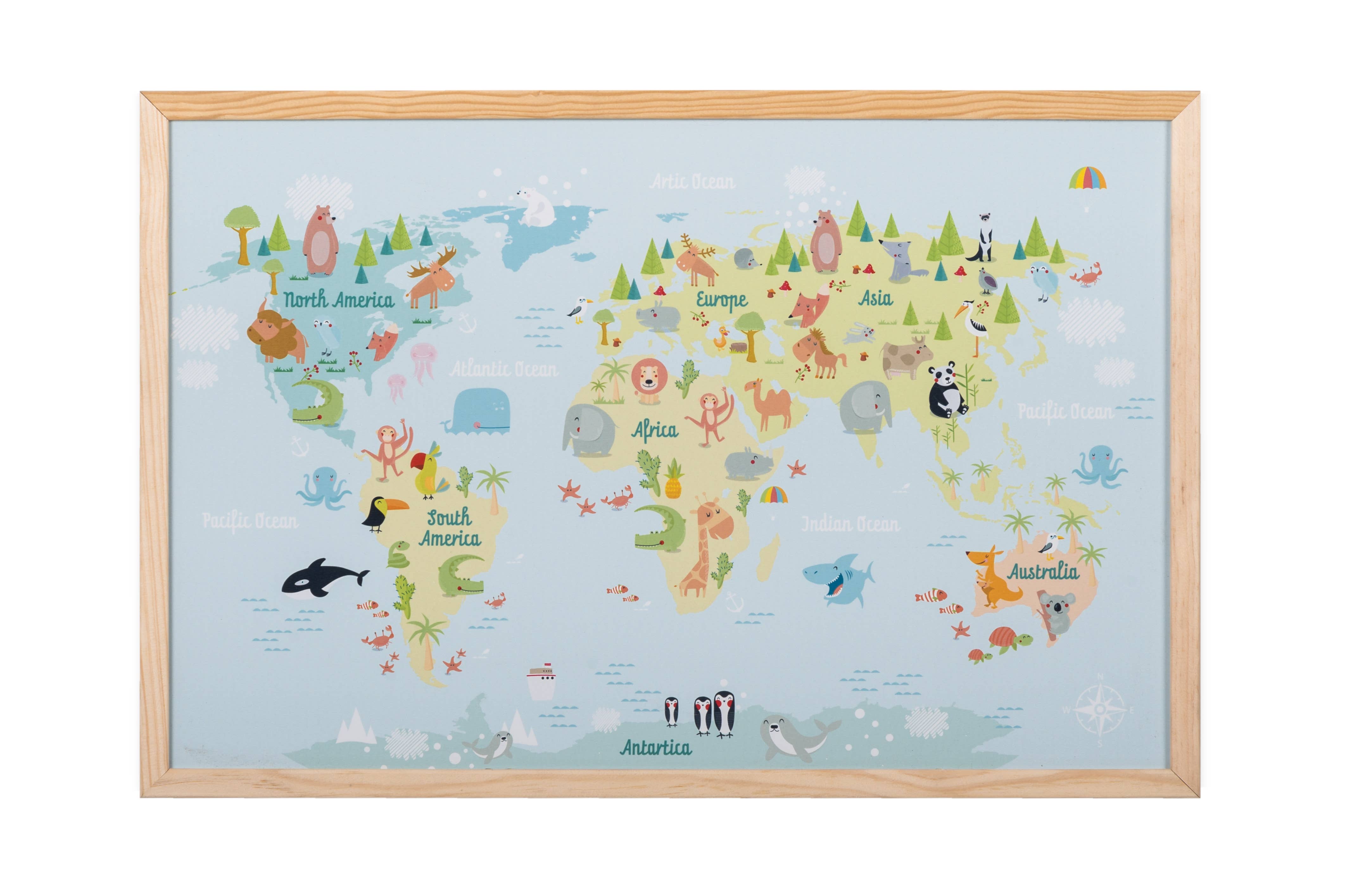 Bi-Joy - Wholesale Map - Magnetic Board - Zoo World Map with Pine Frame0