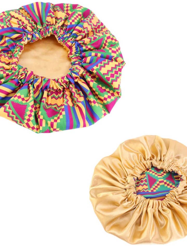 Touca de Cabelo com Estampa Kente Africana Roxa e Verde (Forrada a Cetim Dourado, Reversível para Dormir à Noite) por atacado de AfricanFabs