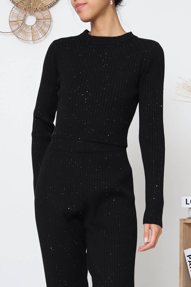 DIX-ONZE - Vente Ensemble haut et pantalon (PAS d'intérieur) - Femme - Ensemble Maille Côtelée – Top Longue Manche & Pantalon4