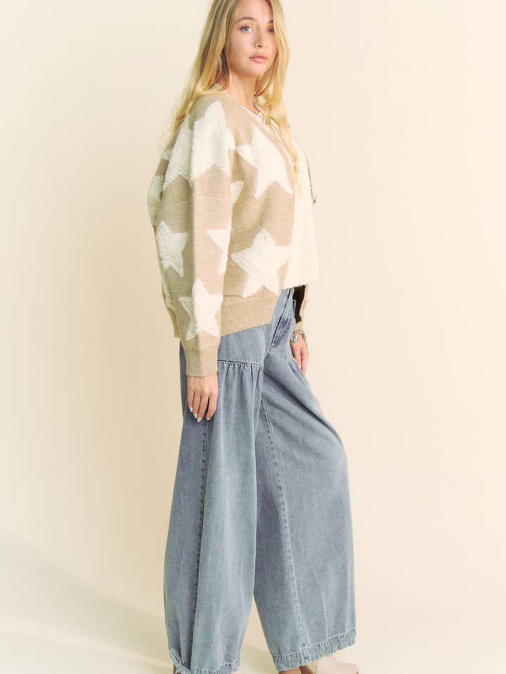 Davi & Dani - Wholesale Cardigan - Women's - FUZZY KNIT STAR LOOSE FIT BUTTON DOWN CARDIGAN15
