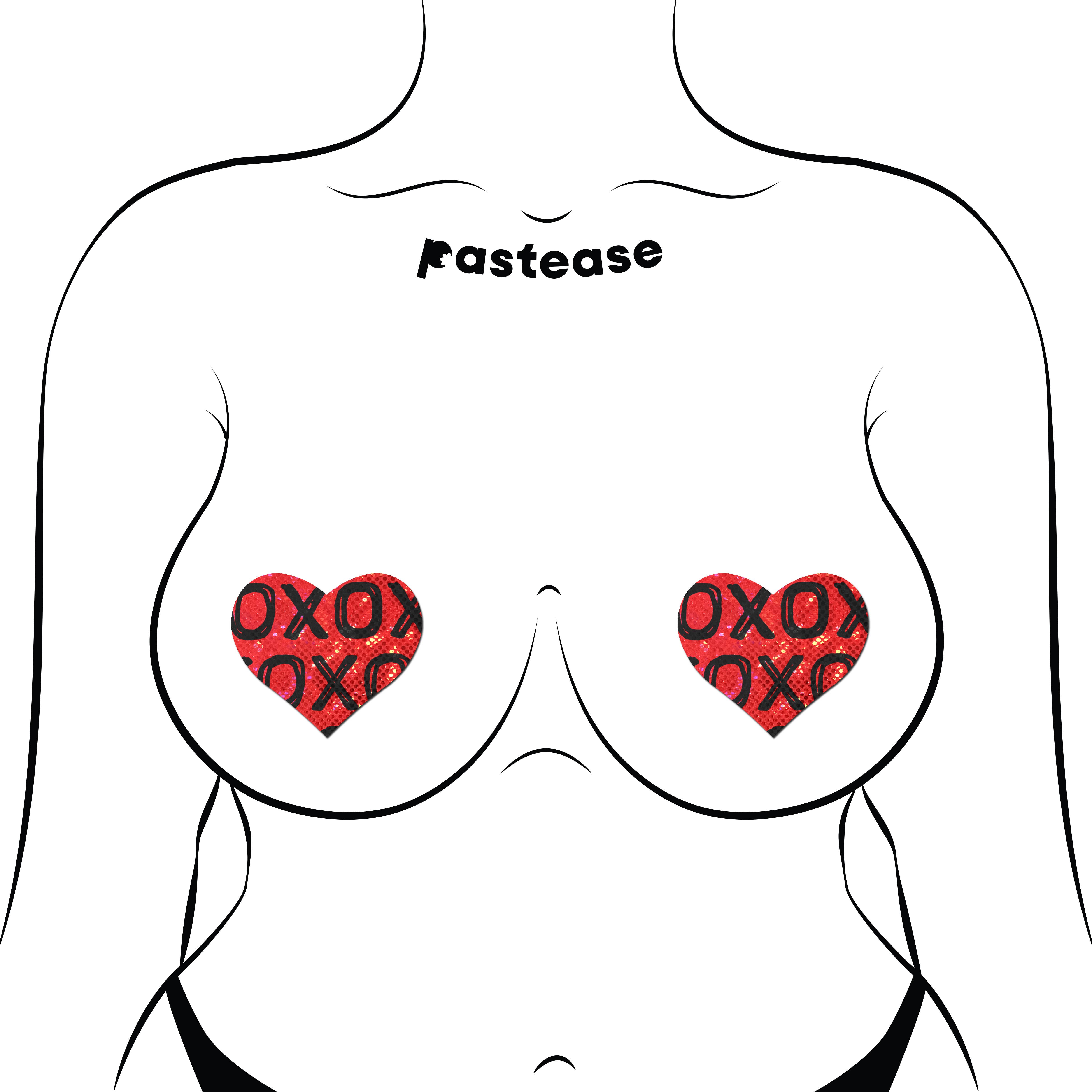Pastease® - Wholesale Nipple Pasties - Women's - Love: Shattered Glass Red with Black XO Heart Pasties2