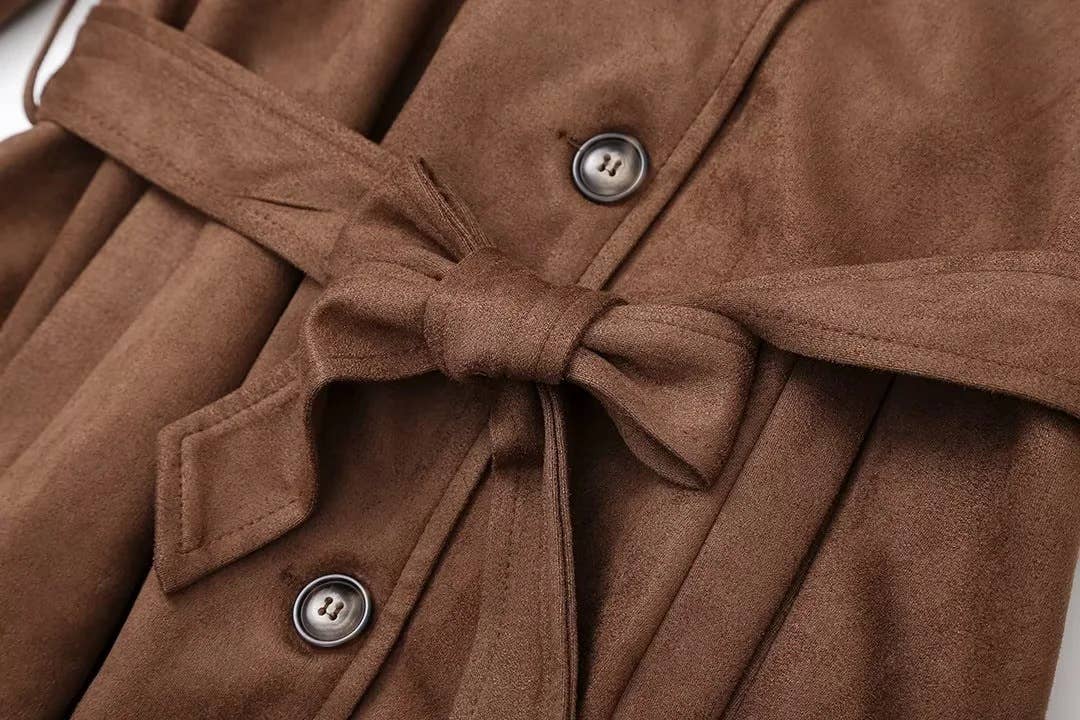 Coffee Double breasted lapel overcoat long trench coat for wholesale on Faire2