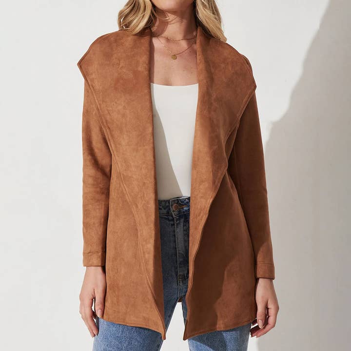 SOLID COLOR SUIT SUEDE COAT WITH LARGE LAPELS for wholesale by Lily Clothing