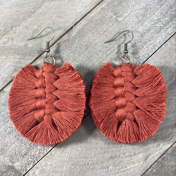Macrame Feather Fringe Earrings - Cider Orange for wholesale by HK Macrame Jewelry