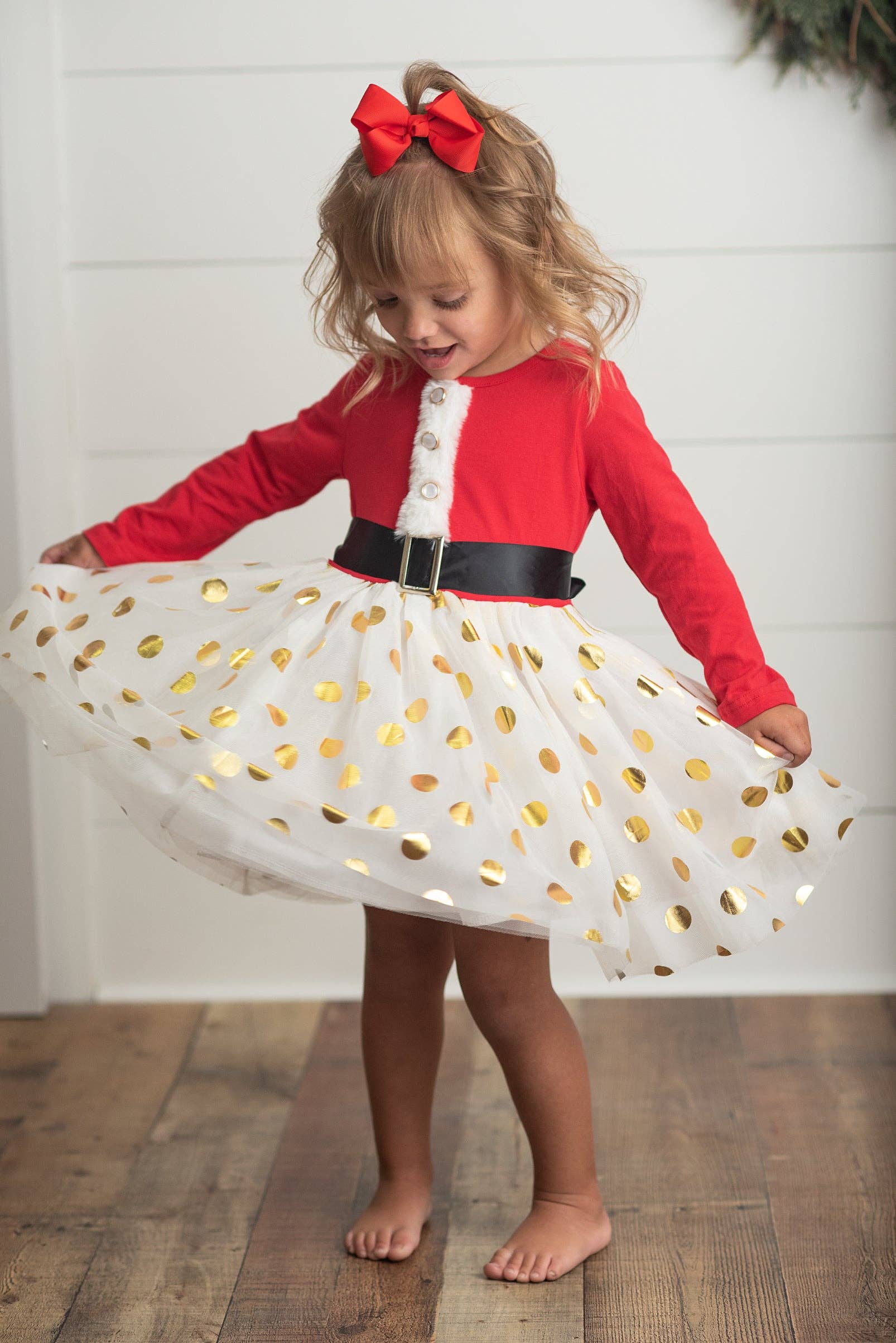 Oopsie Daisy - Wholesale Dress - Kids - Kids Santa Bow Gold Dot Tulle Christmas Holiday Dress2