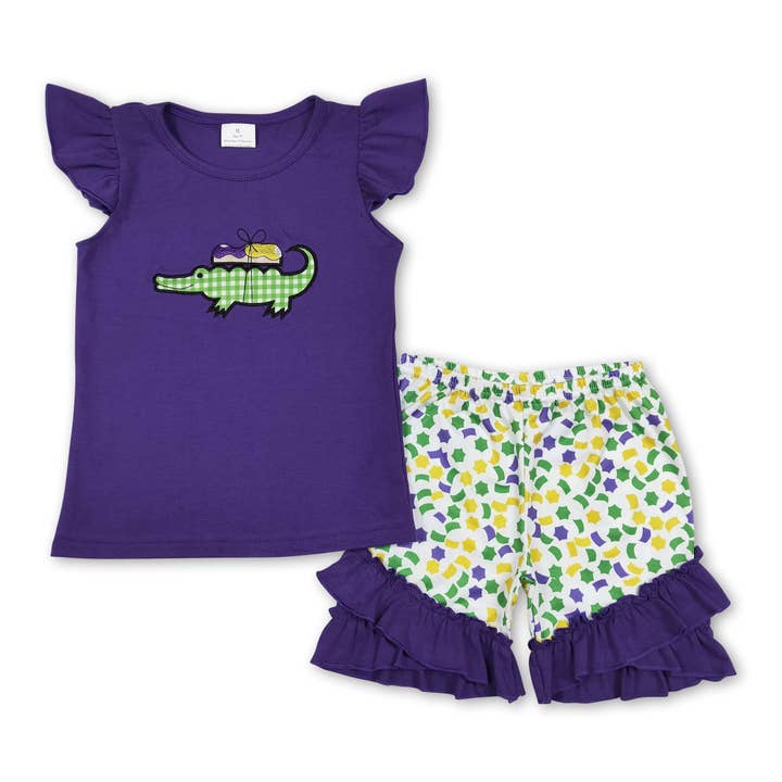 Yawoo Garments - Wholesale Top & Short Set - Kids - Crocodile embroidery top shorts boys mardi gras outfits
