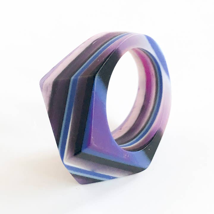 Belart Fair Trade - Wholesale Cocktail/Statement Ring - Poly Resin Bauhaus Mosaic Rings - Faceted