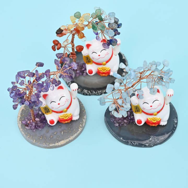 Fortune Cat Gemstone Tree Lucky Cat Healing Crystal Tree Agate Base for wholesale by Mycrazycrystal