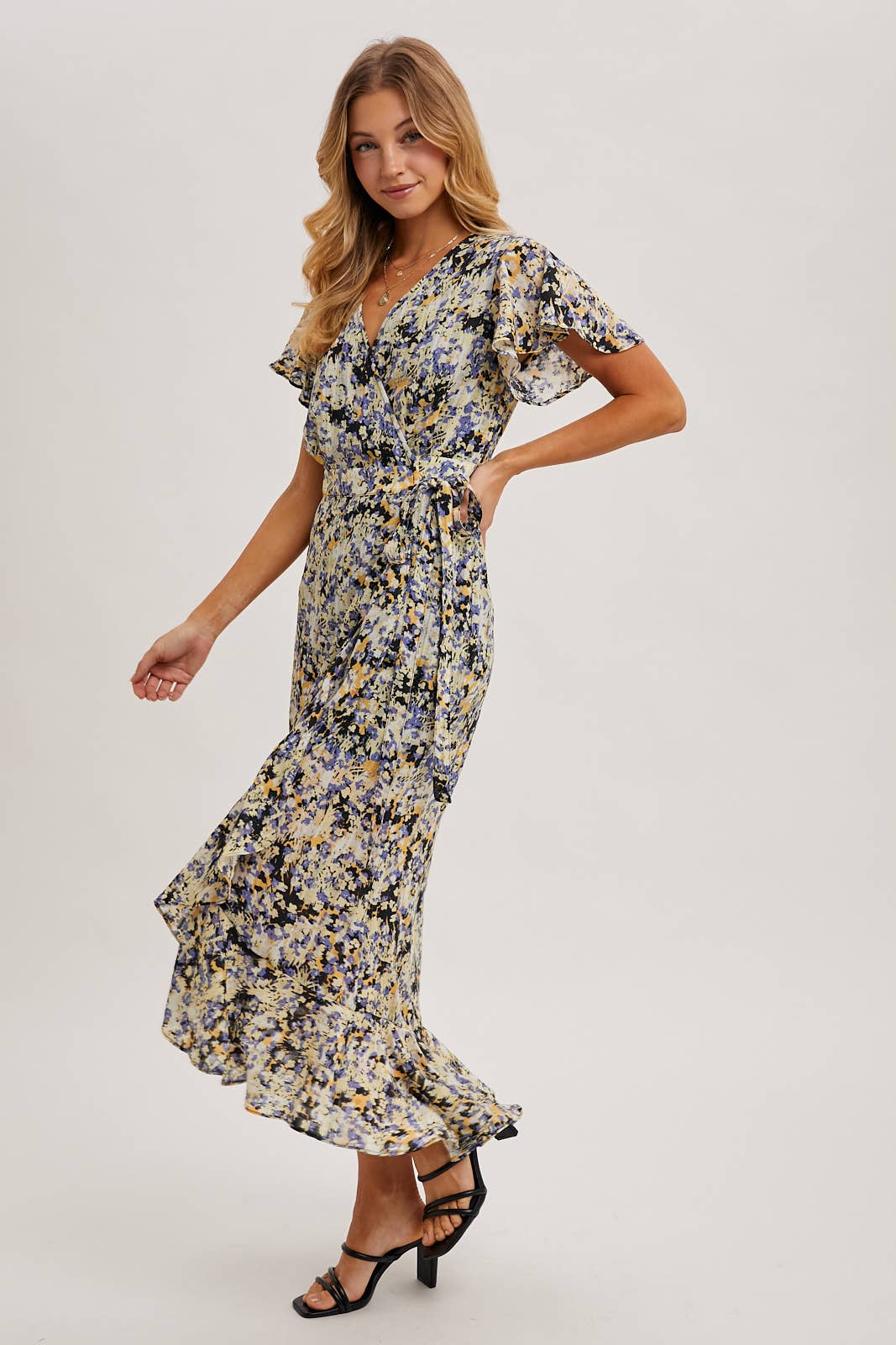 Bluivy - Wholesale Dress - Women's - FLORAL PRINT WRAP RUFFLED MIDI DRESS - EASTER DAY15