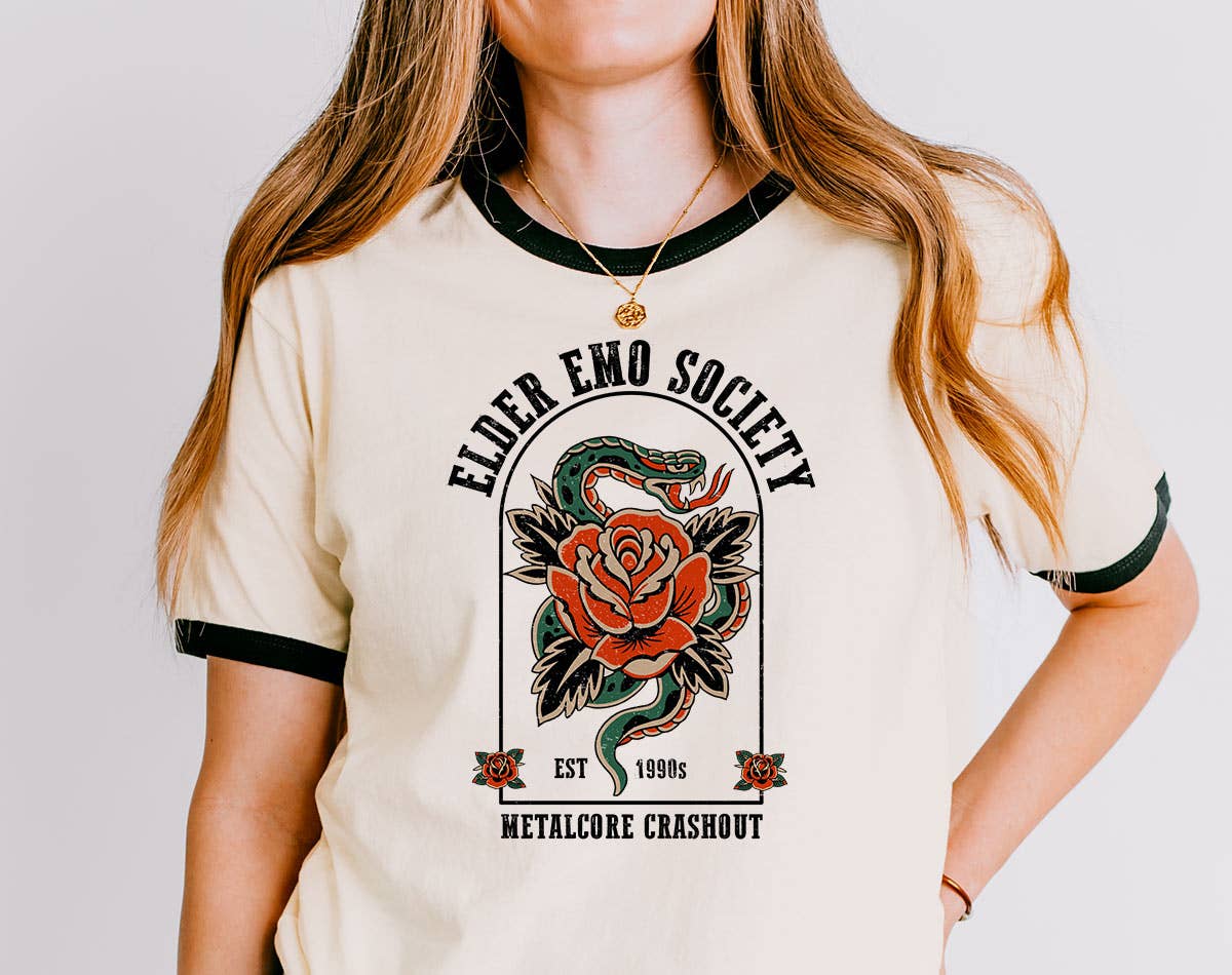 natural black Elder Emo Society Funny Metalcore Punk Ringer T-Shirt for wholesale on Faire