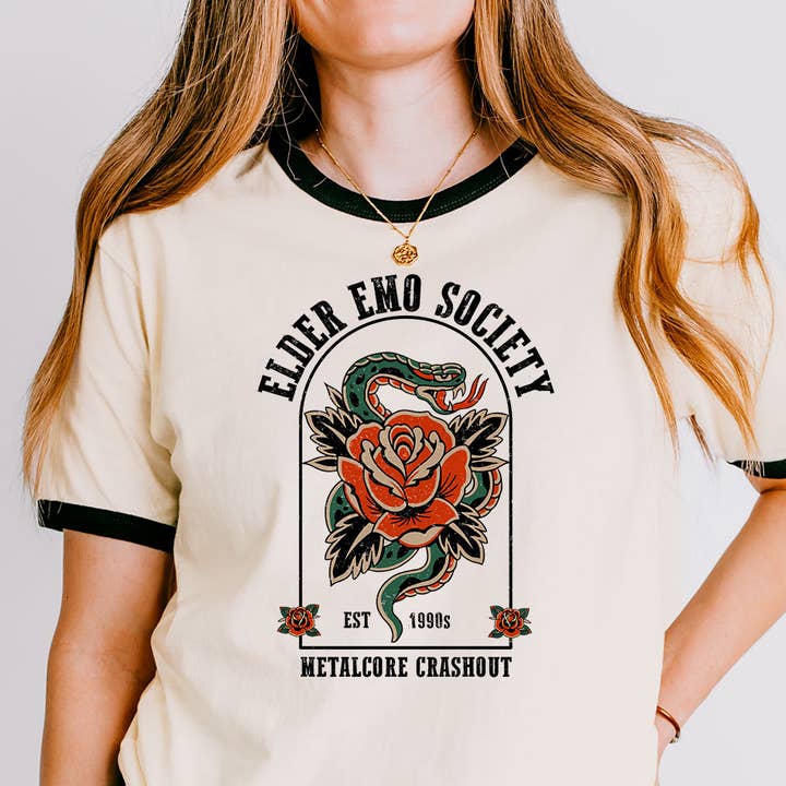 natural black Elder Emo Society Funny Metalcore Punk Ringer T-Shirt for wholesale on Faire0