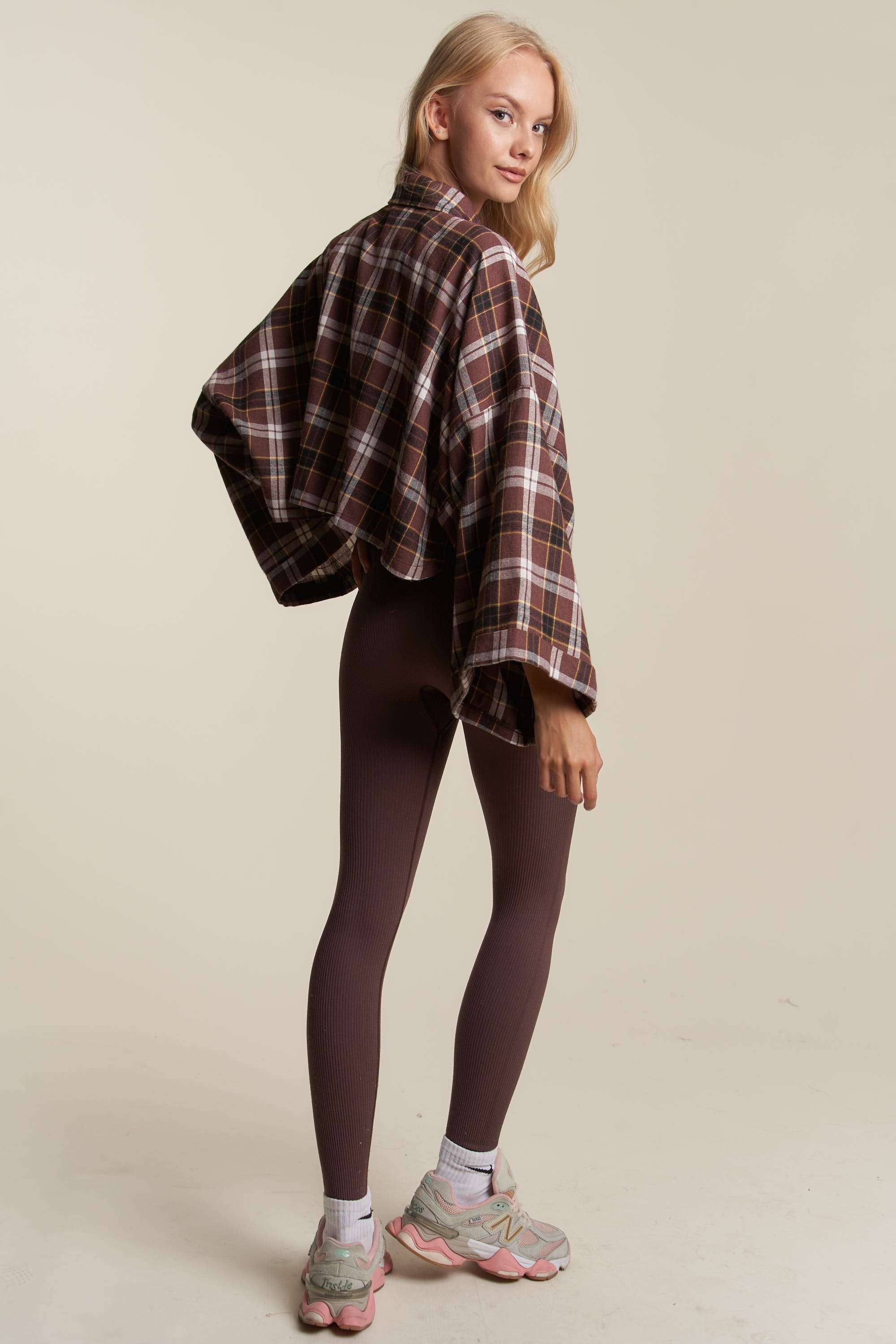 BROWN COMBO WIDE SLEEVE SNAP BUTTON DOWN PLAID SHIRT JACKET for wholesale on Faire17