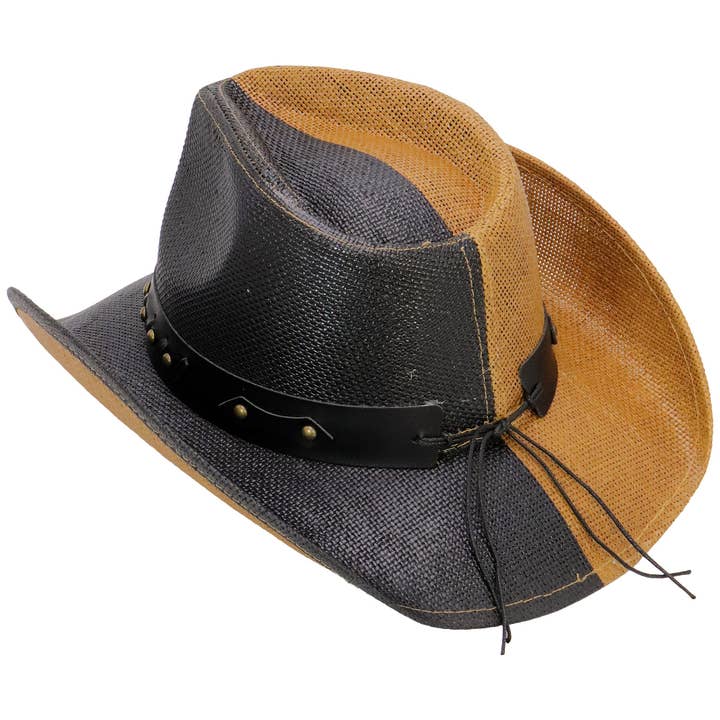 TAN/SORT Cap Zone split-farvet cowboystrohat med Longhorn-bælteemblem for engroshandel på Faire6
