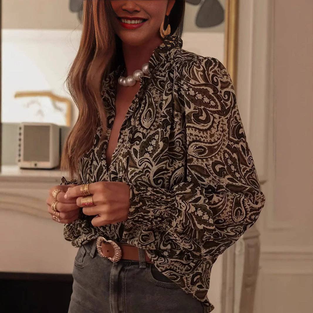 EmberLoom – wholesale Blouse – Women’s – Women's Vintage Print Smocked Long Sleeve Blouse1