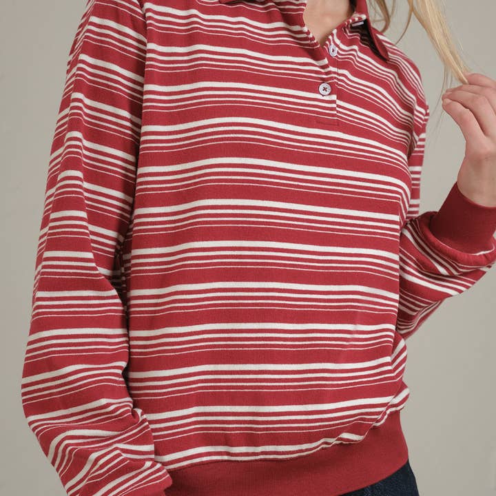 RAISONNEL - Wholesale Polo - Women's - Striped Polo Long Sleeve – Burgundy & Navy - RTK10083