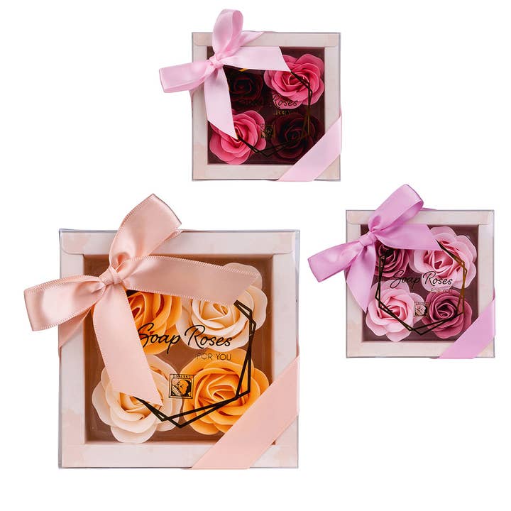 Coffret cadeau de roses de bain 4x4g » Confettis de bain | Ensemble de roses en savon dans un emballage cadeau clair avec ruban | Parfum de rose pour la vente par VewoTex