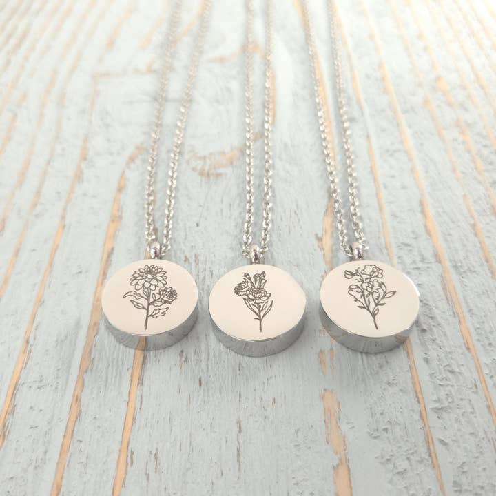 Custom Birth Month Flower Cremation Urn Necklace - Personalized Stainless Steel Memorial Jewelry for Ashes for wholesale by Just Vial